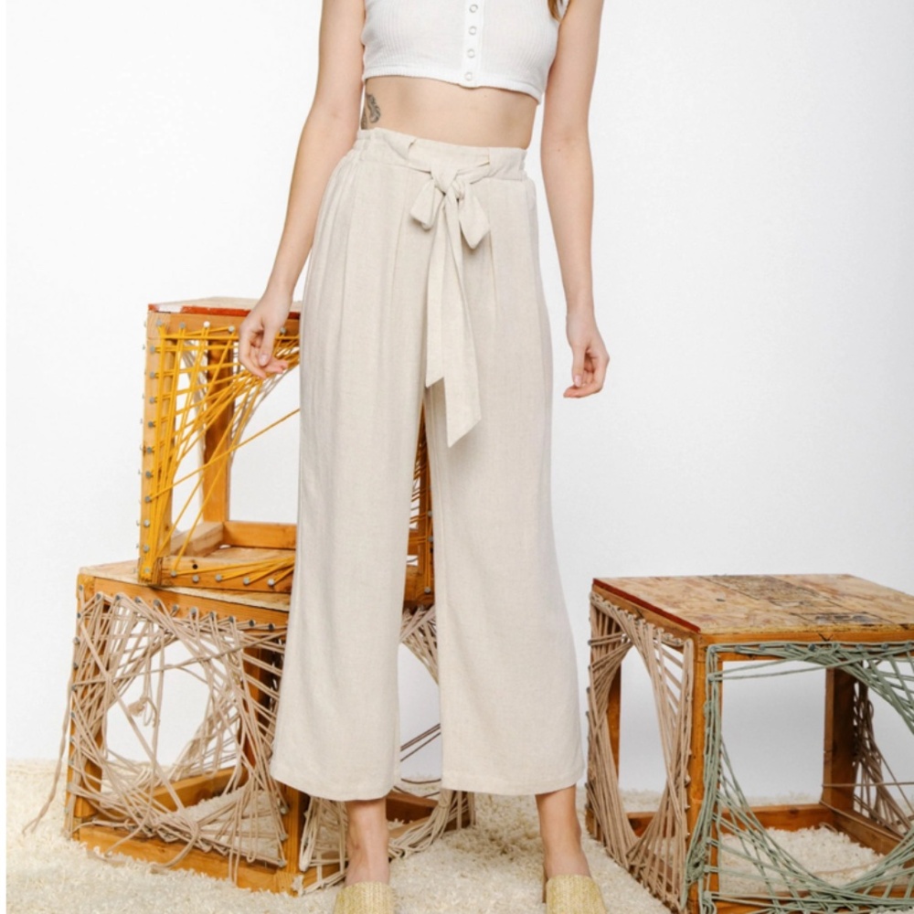 High-Waist Tie-Belt Wide Leg Pants - Cream